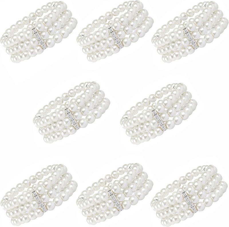 MONAZEO 2-8Pcs 1920s Flapper Imitation Pearl Bracelet 3-Rows Stretch Bracelet Multi-Layered Elastic Bangle Bridal Wedding Jewelry Roaring 20s Accessories Jewelry - Image 1
